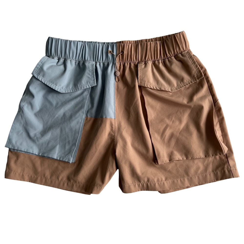 Fabletics Women's Size M Anastasia Cargo Shorts Tan Blue Colorblock Utility Gorp